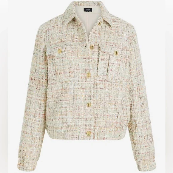 Sequin Tweed Novelty Button Cropped Bomber Jacket - Picture 5 of 8